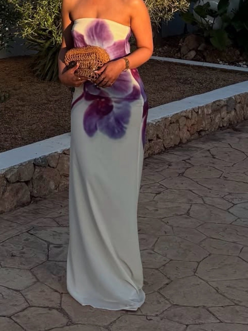 Meshki Strapless Maxi Dress in White with Purple Floral Print